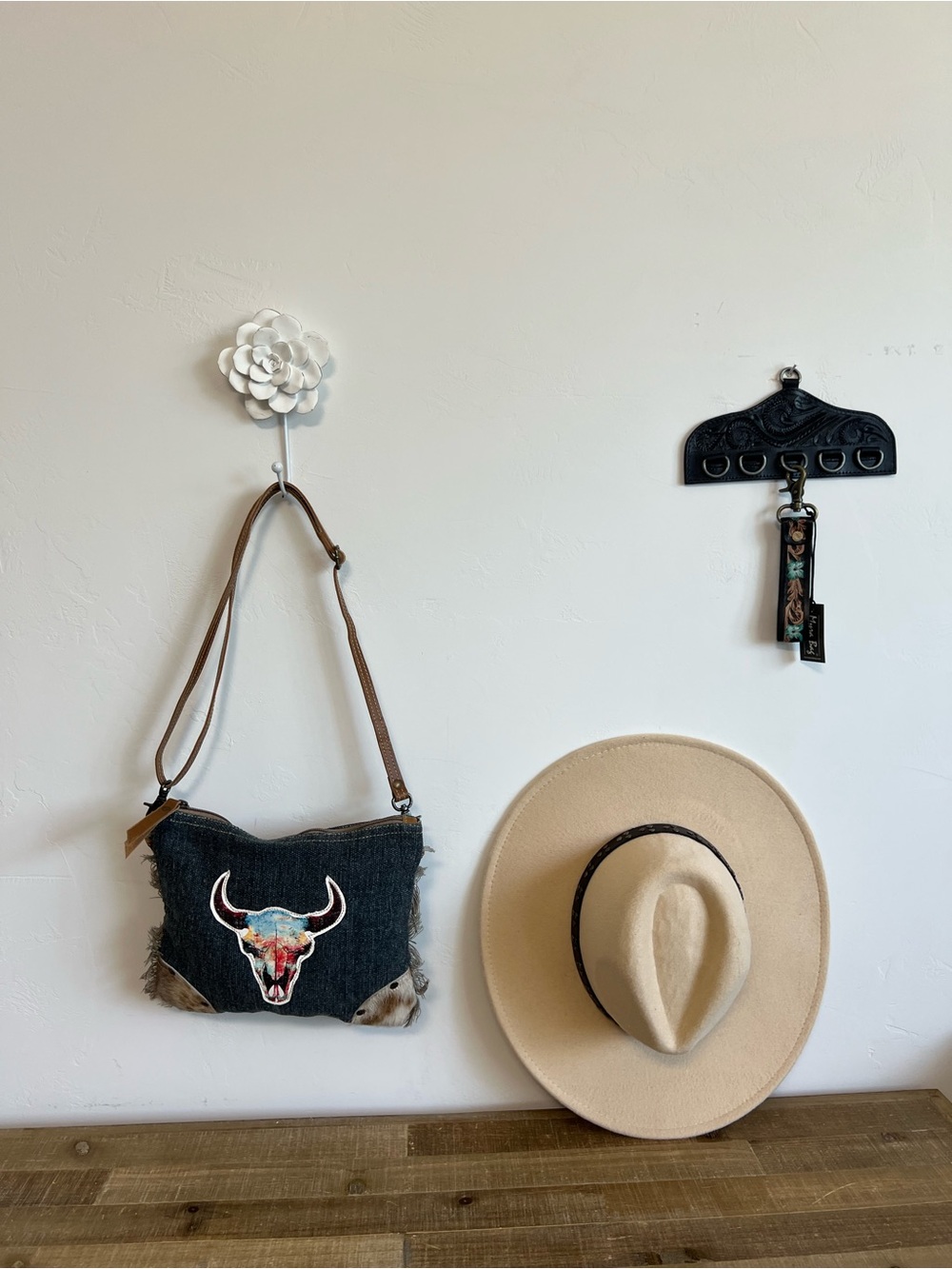Denim Crossbody Bag with Colorful Bull Skull Patch